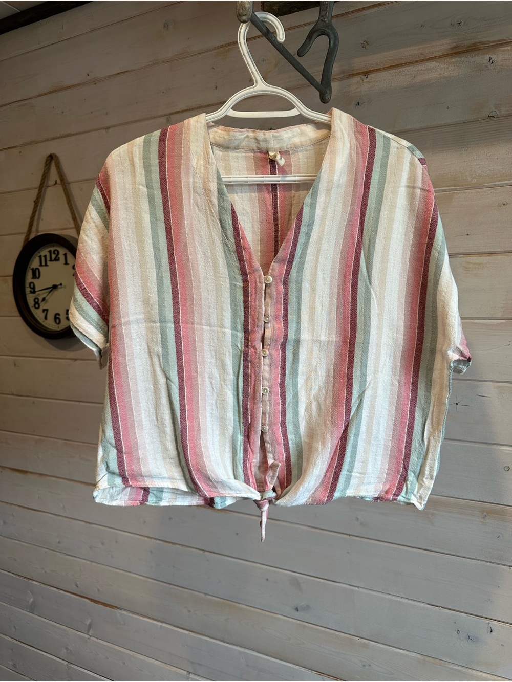 Elan | Linen Blend Striped Short Sleeve Tie Front Button Down Shirt